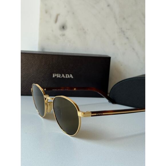 NEW Prada PR B52S Gold Brown Round Metal Sunglasses - Picture 4 of 8